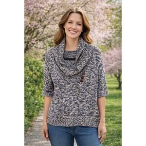 CJ Banks Plus 1X Marled Cowl Neck Short Sleeve Sweater | Blue Gray